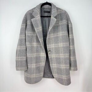 AG Wool Plaid Grey Neutral Minimalist Pea Blanket Coat with Pockets